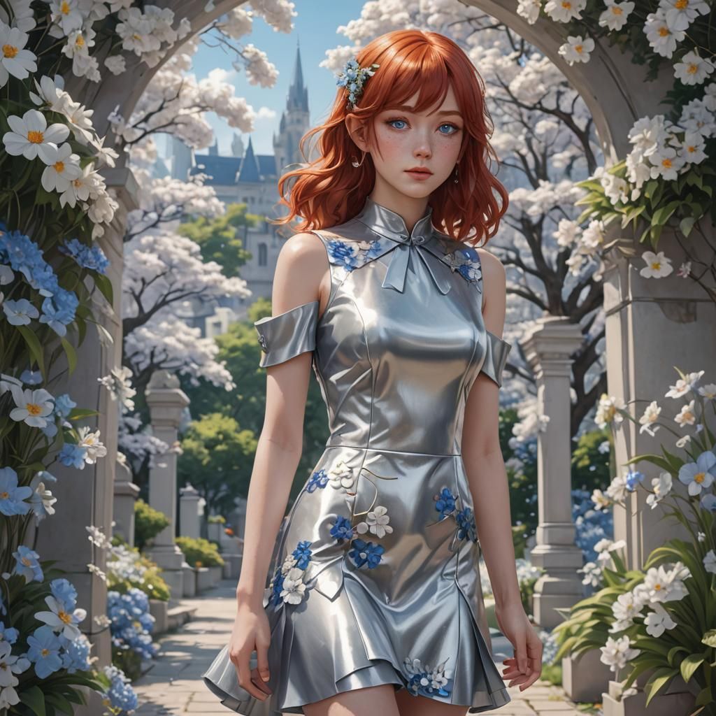 Anime Style Woman Posing in Flowery Scenery