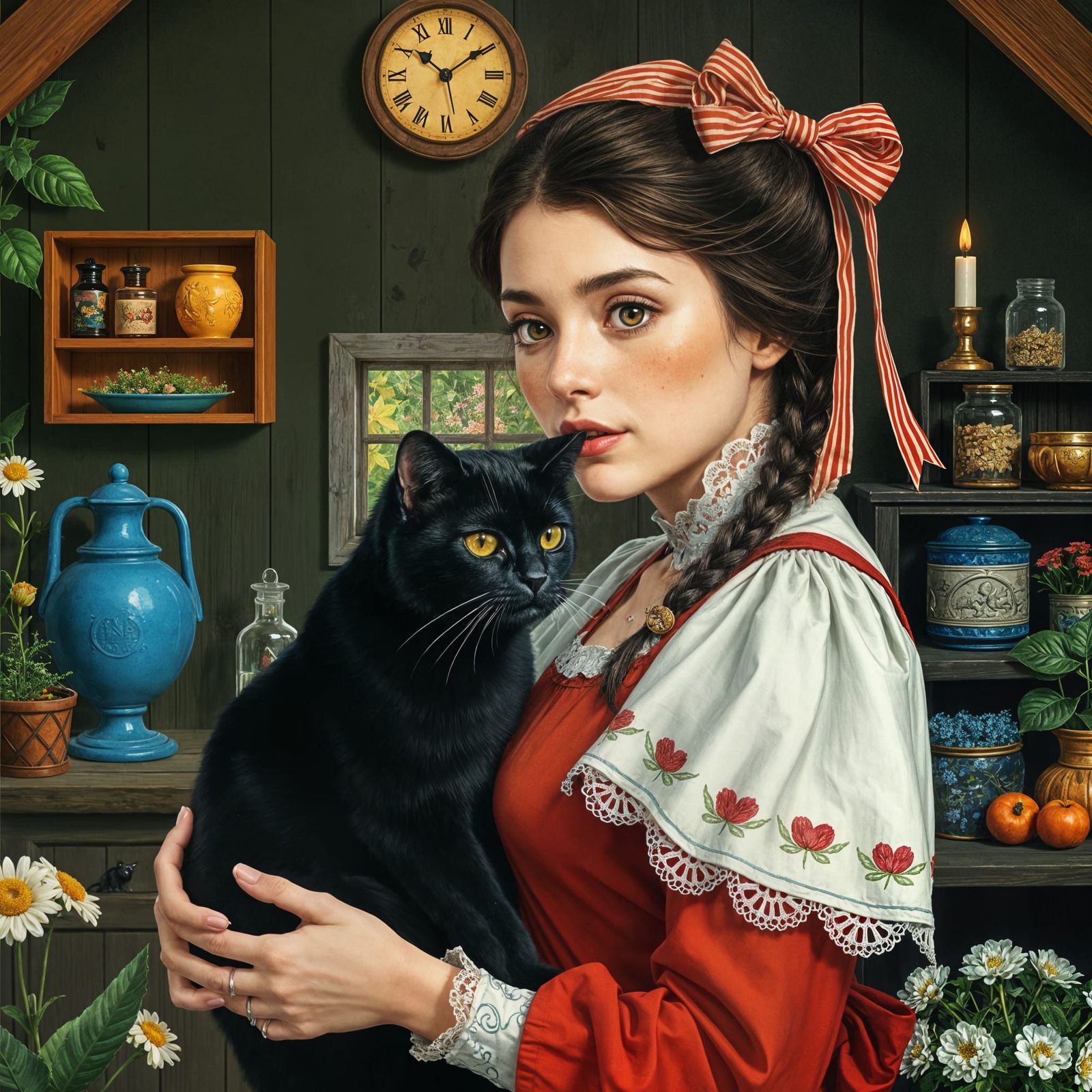 Enchantress with Her Feline Companion in a Cozy Cottage