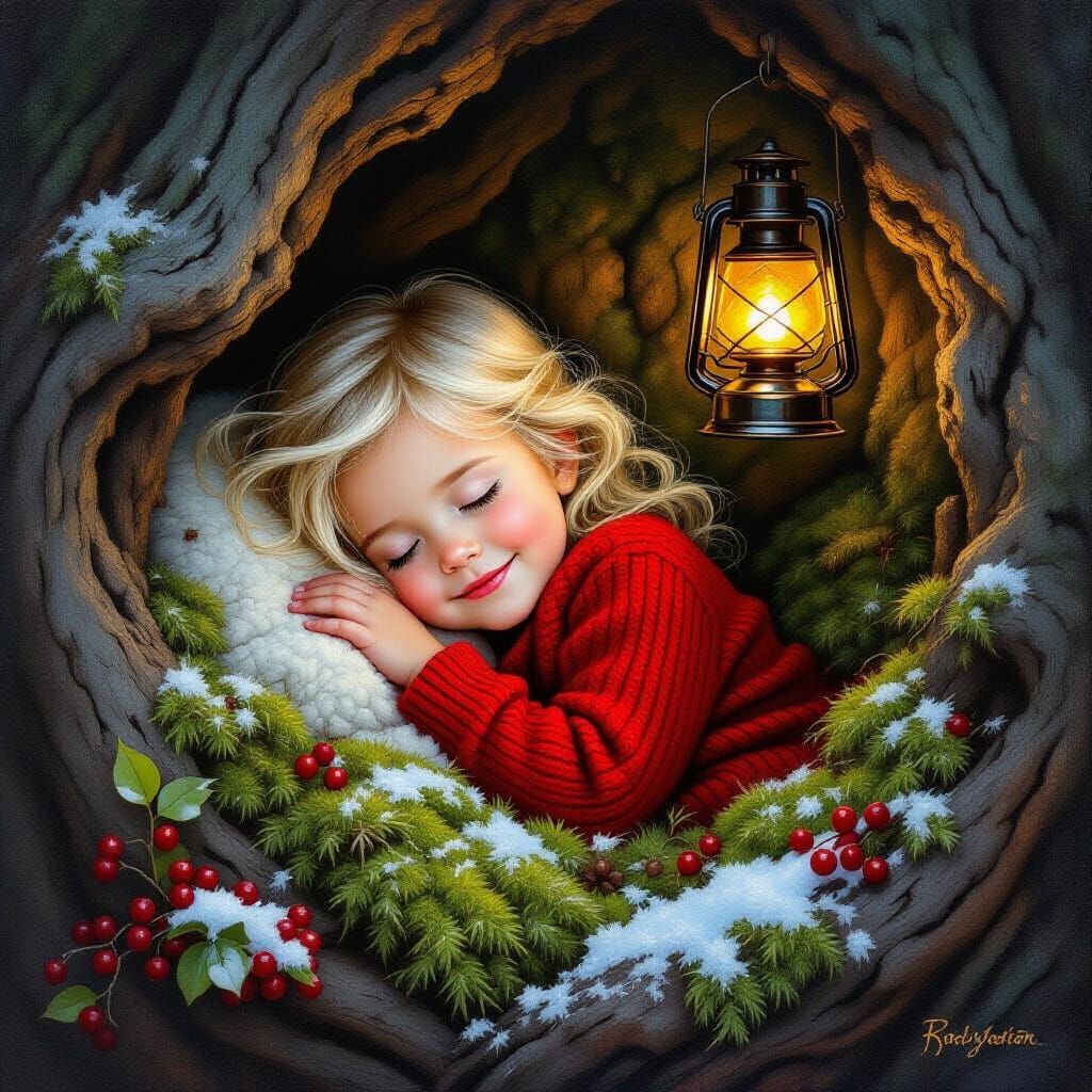 Child Sleeping in Mossy Tree Hollow, Oil Painting Style