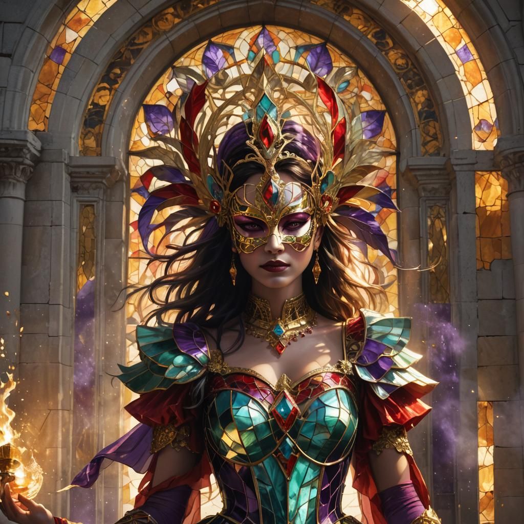 Girl in Stained Glass Dress and Golden Mask