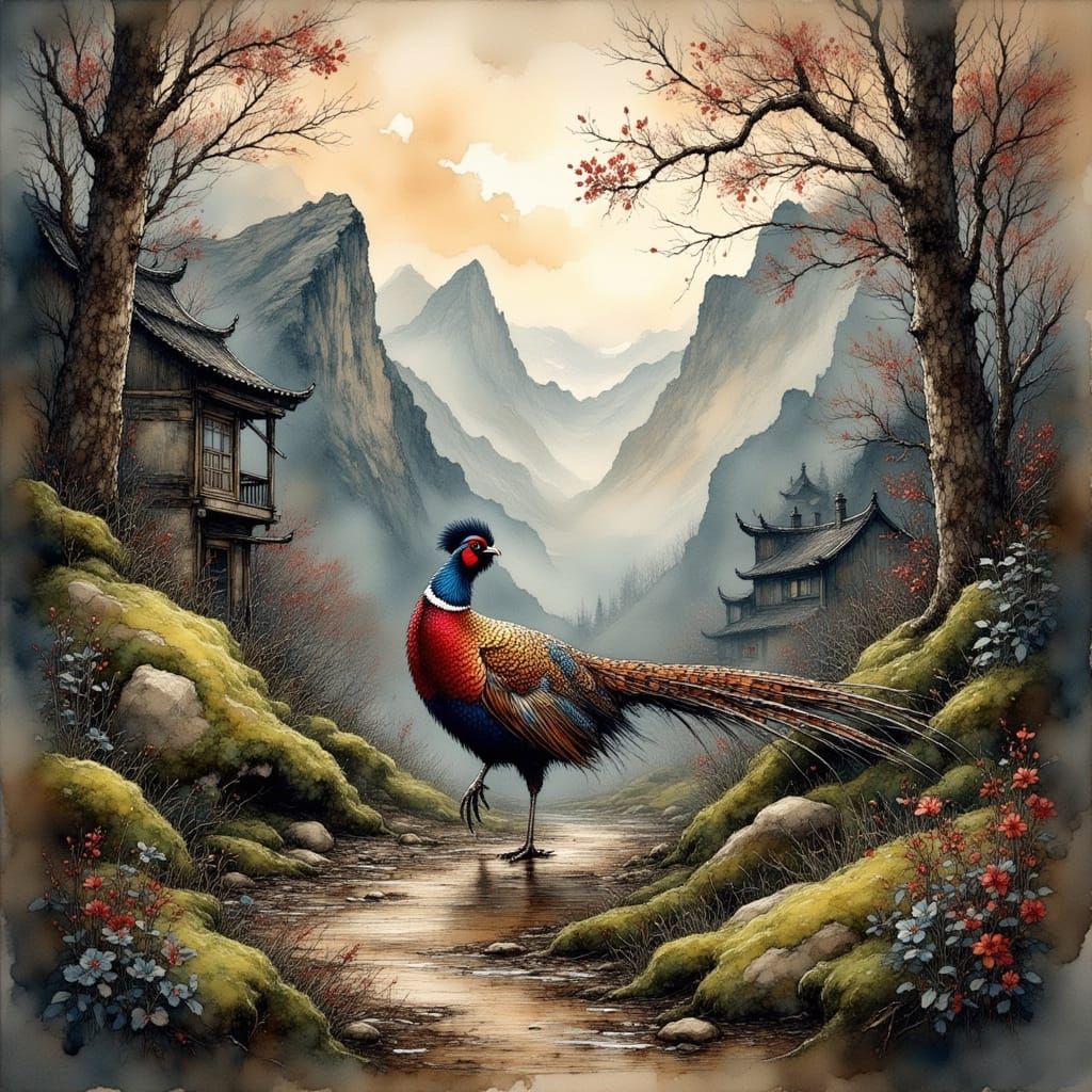 Reeve Pheasant in Misty Forest, Chinese Painting Style