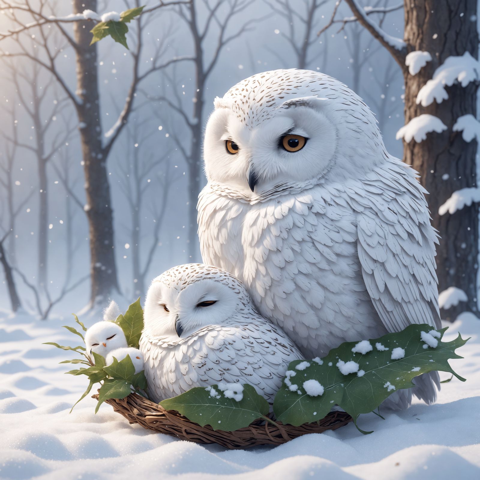 Mother Owl in Ethereal Snow Scene