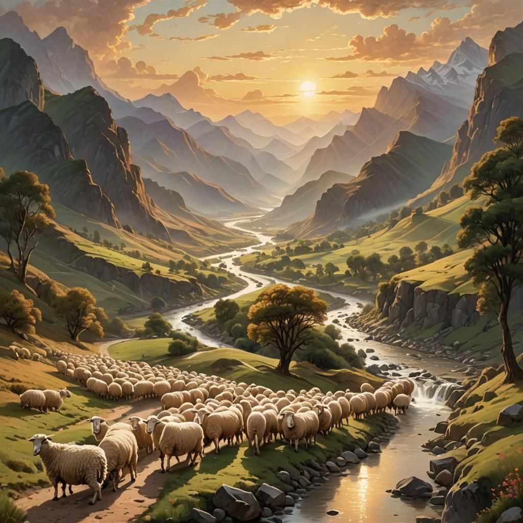 Majestic Mountainscape: Shepherd and Radiant Sunrise