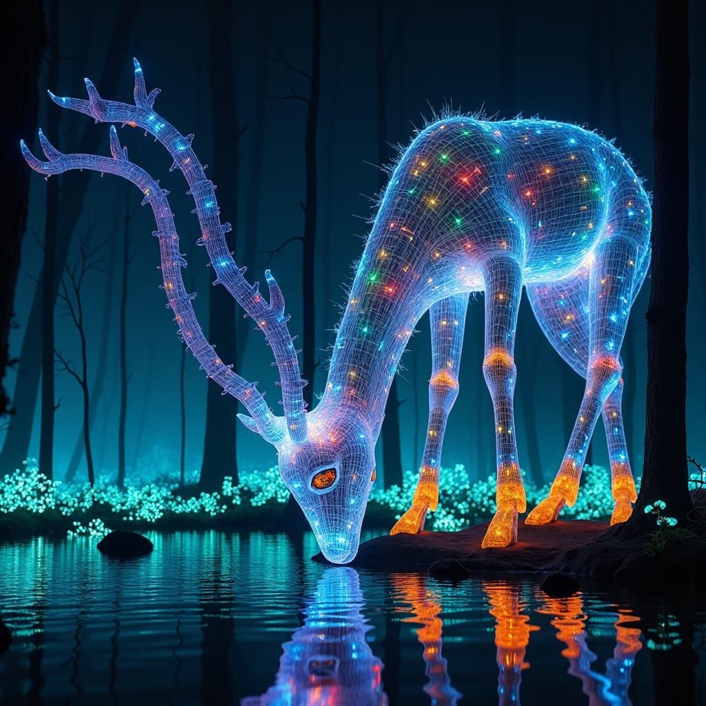 Fiber Optic Gazelle in Bioluminescent Forest