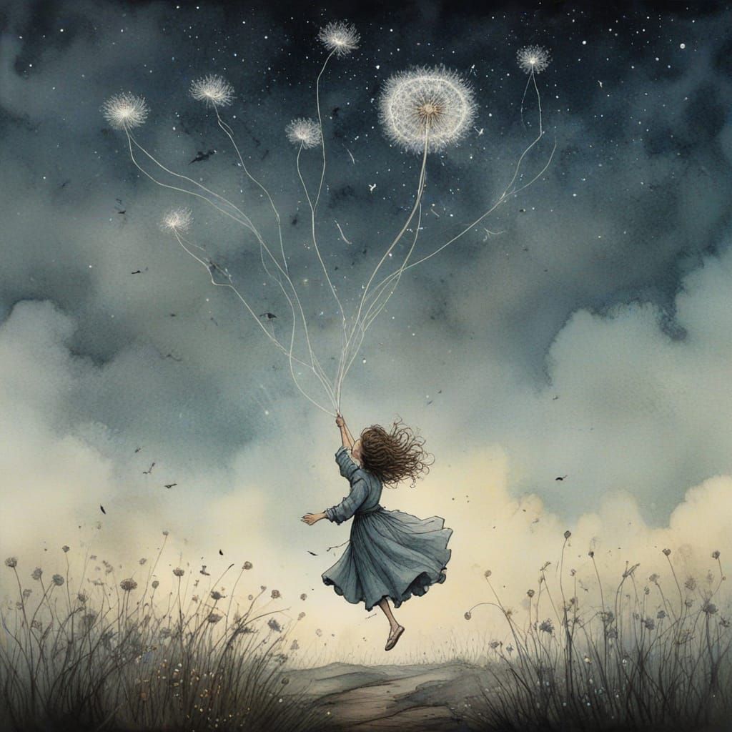 Nebular Watercolor of Child Drifting on Wind