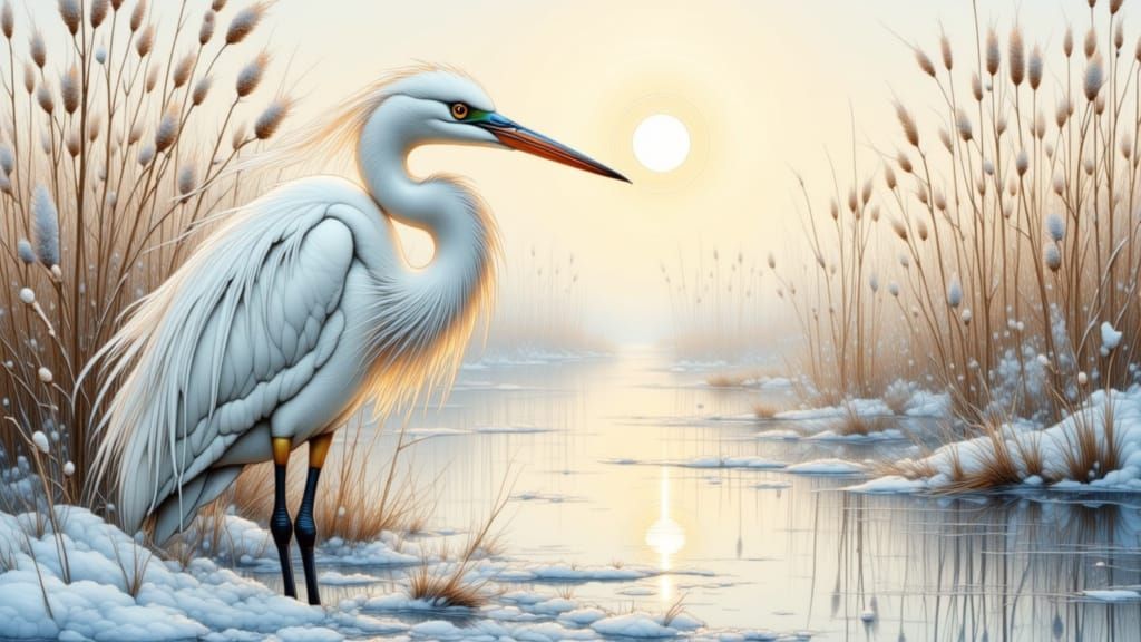 Elegant Egret in Frosted Landscape, Stained Glass Style