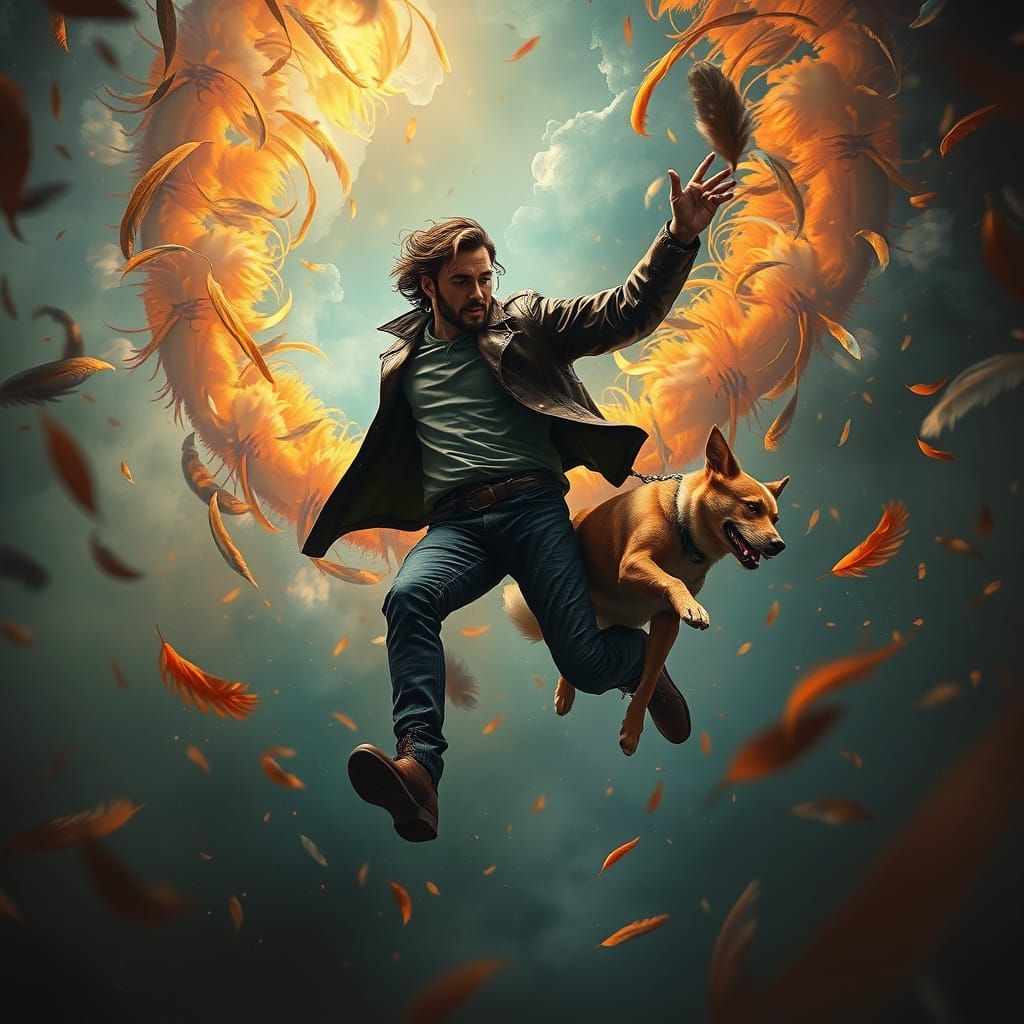 Man Catches Dog in Mystical Fantasy Landscape