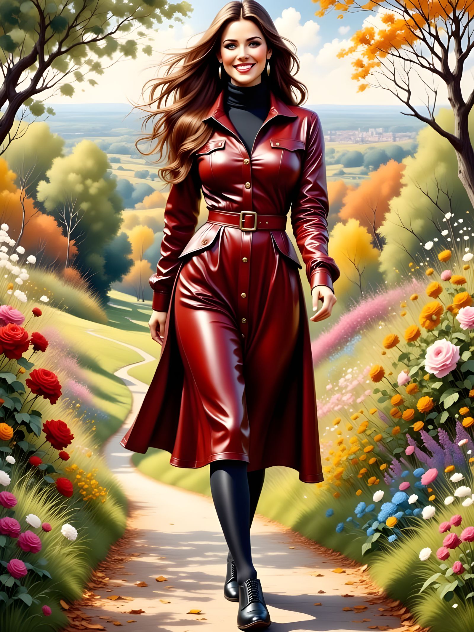 Brunette in Leather Dress, Art Nouveau Style