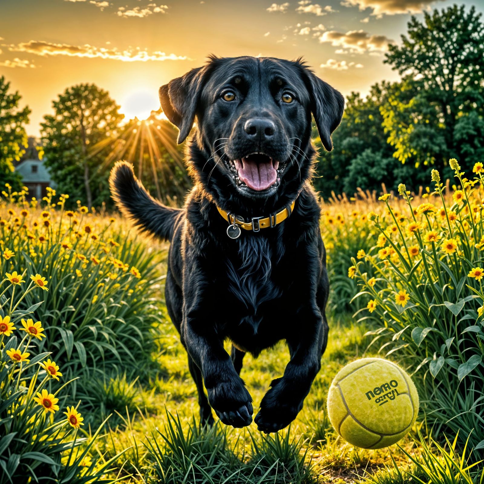 Vibrant Black Lab Chases Tennis Ball in Sunny Field