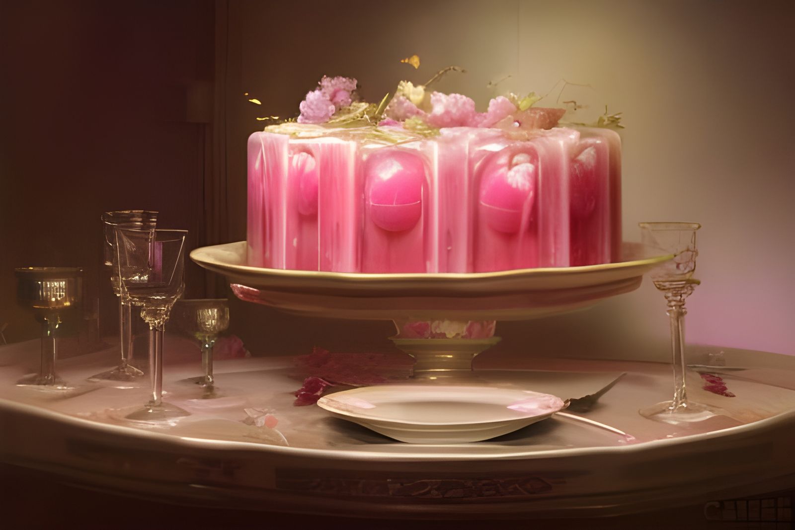 Pink Jelly Dessert with Flowers: Hyperdetailed Oil Painting