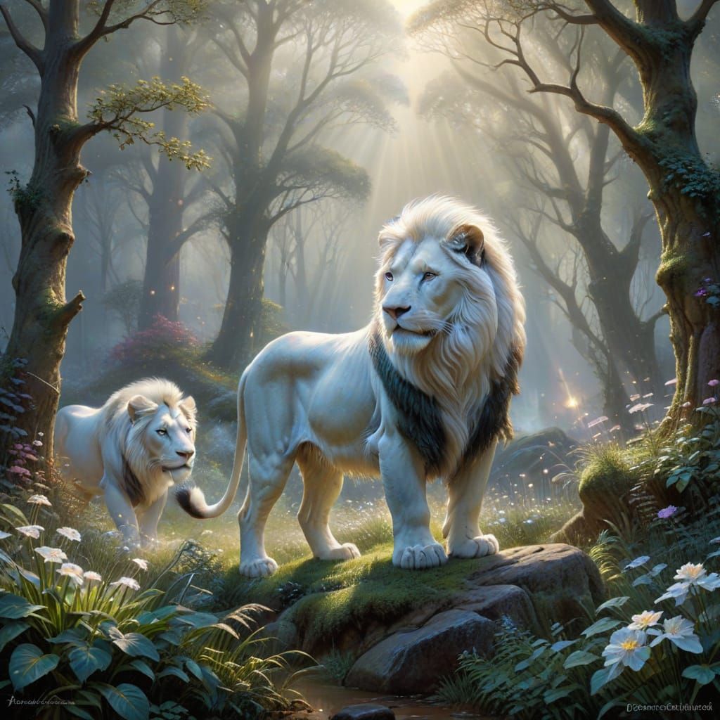 Ethereal White Lion in Mystical Forest