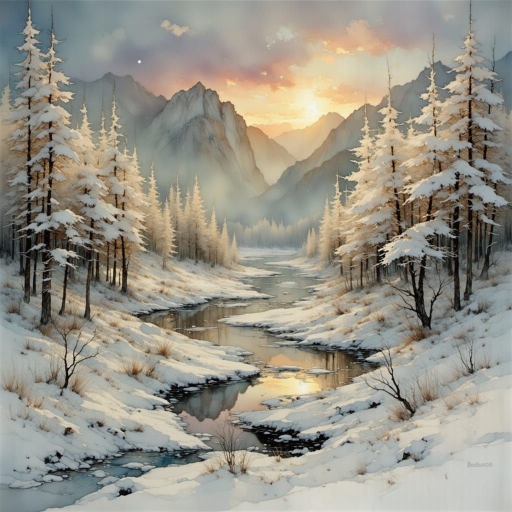 Frozen Landscape at Sunrise in Painterly Style