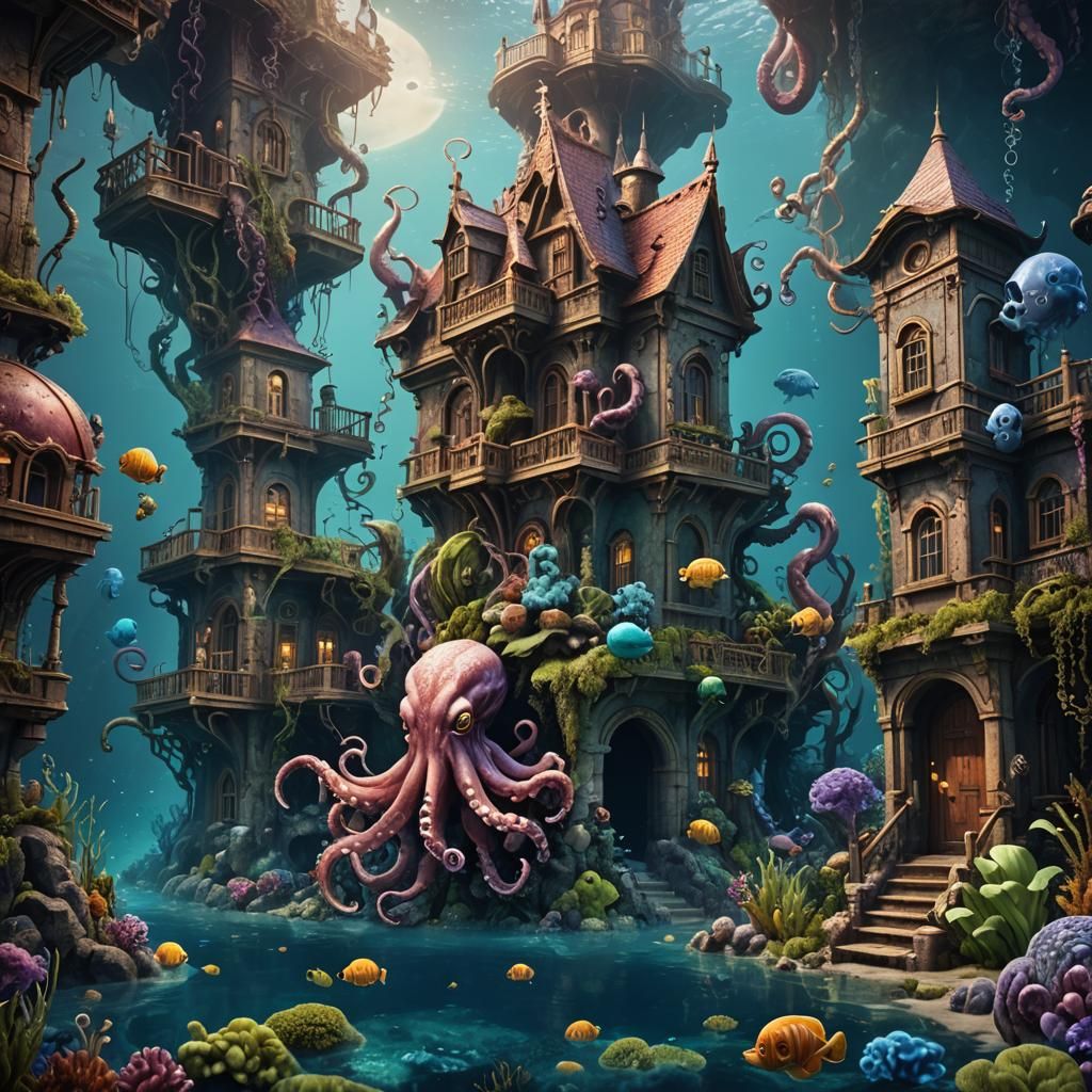 Fantastical Octopus-Rabbit Chimera Building Underwater Home