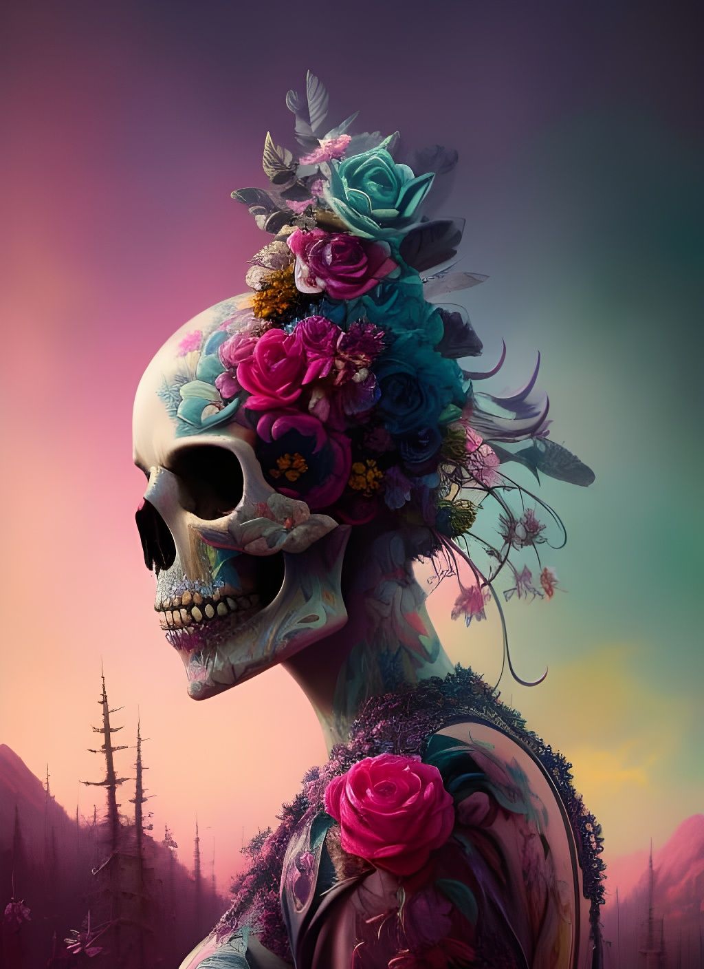 Flowerpunk Skull: Detailed Color Portrait