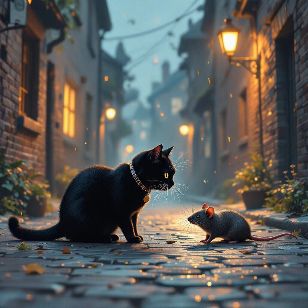 Black Cat Hunts Rat on Village Street