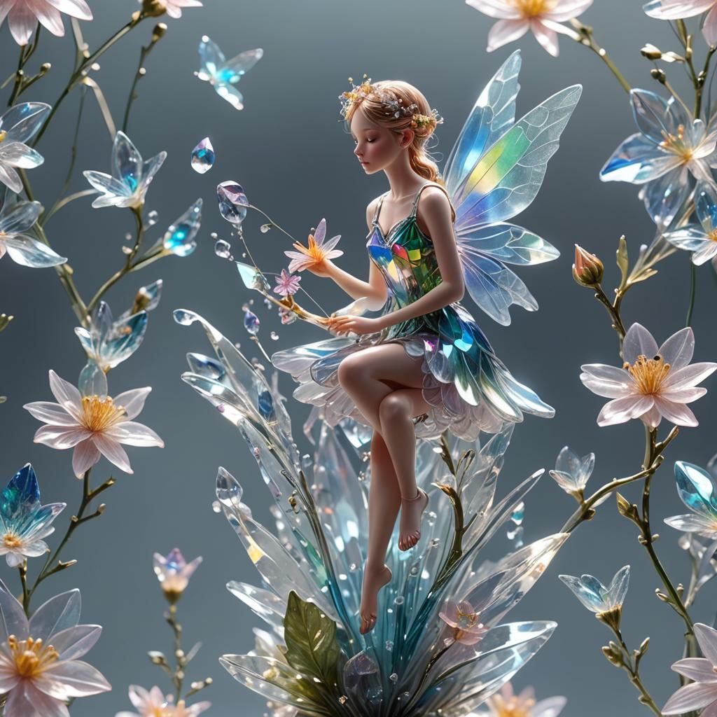 Crystalline Fairy Perched on Delicate Crystal Flower