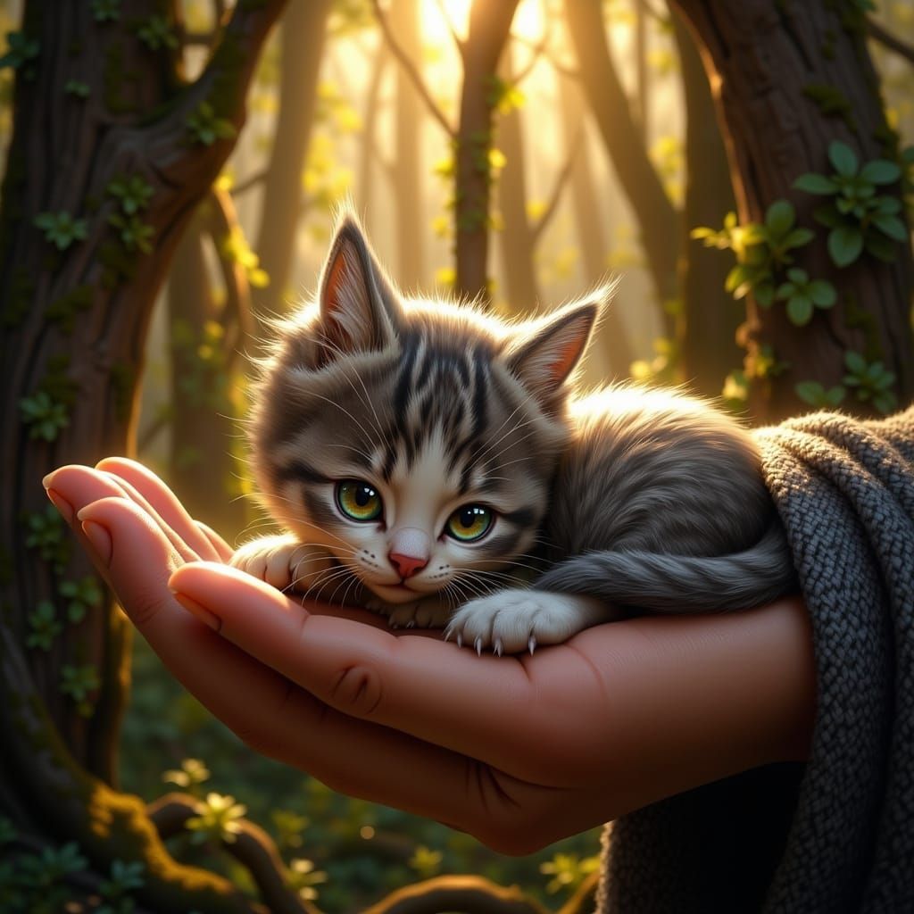 Gentle Giant Holds Fluffy Kitten in Dreamlike Forest