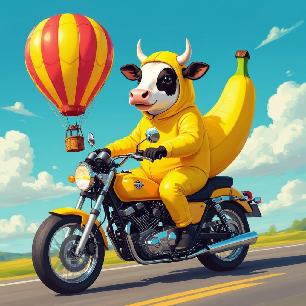 Cow in Banana Costume Rides Motorcycle with Balloon