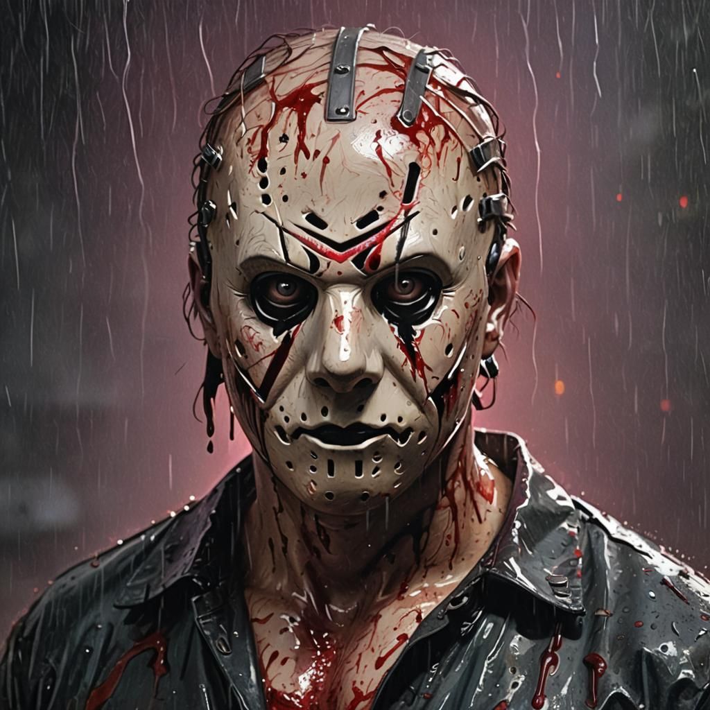 Hyperrealistic Jason Voorhees in Rain, Splash Art Style