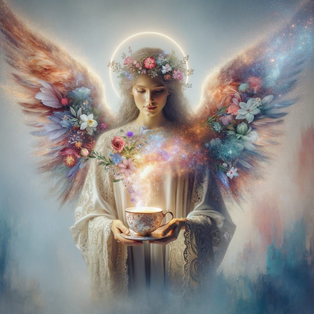 Angel Sipping Floral Coffee with Ethereal Wings