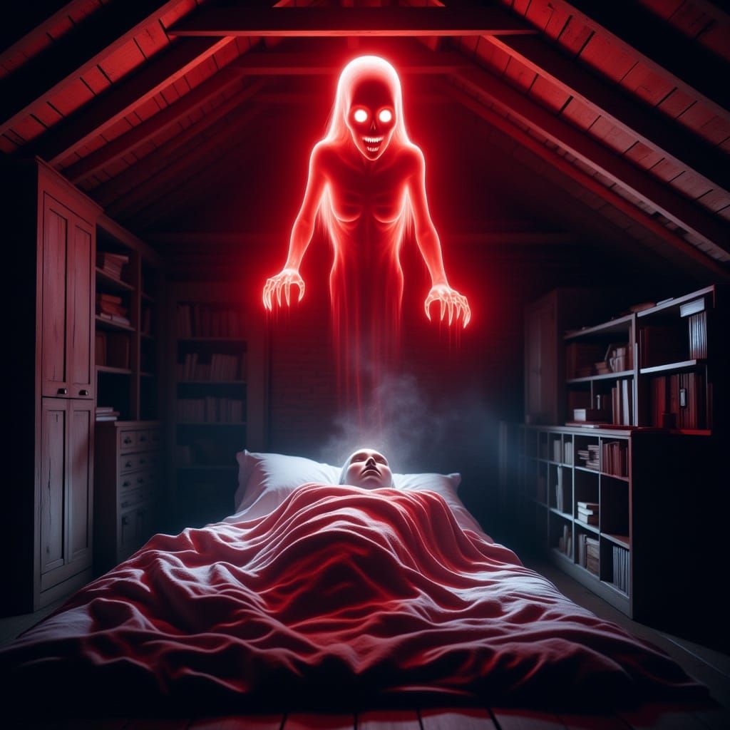Glowing Red Entity Hovering in Dark Room