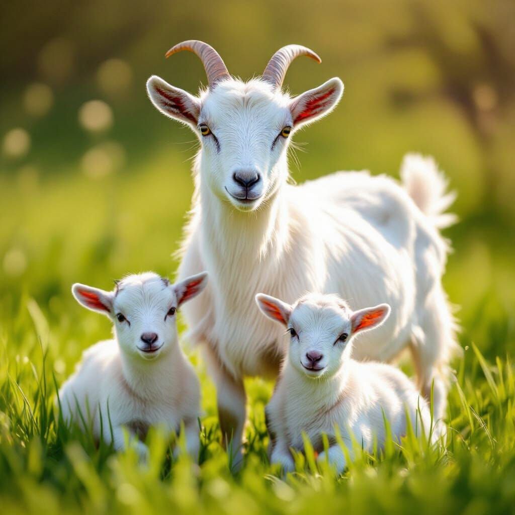 White Goat and Kids in Sunny Green Meadow