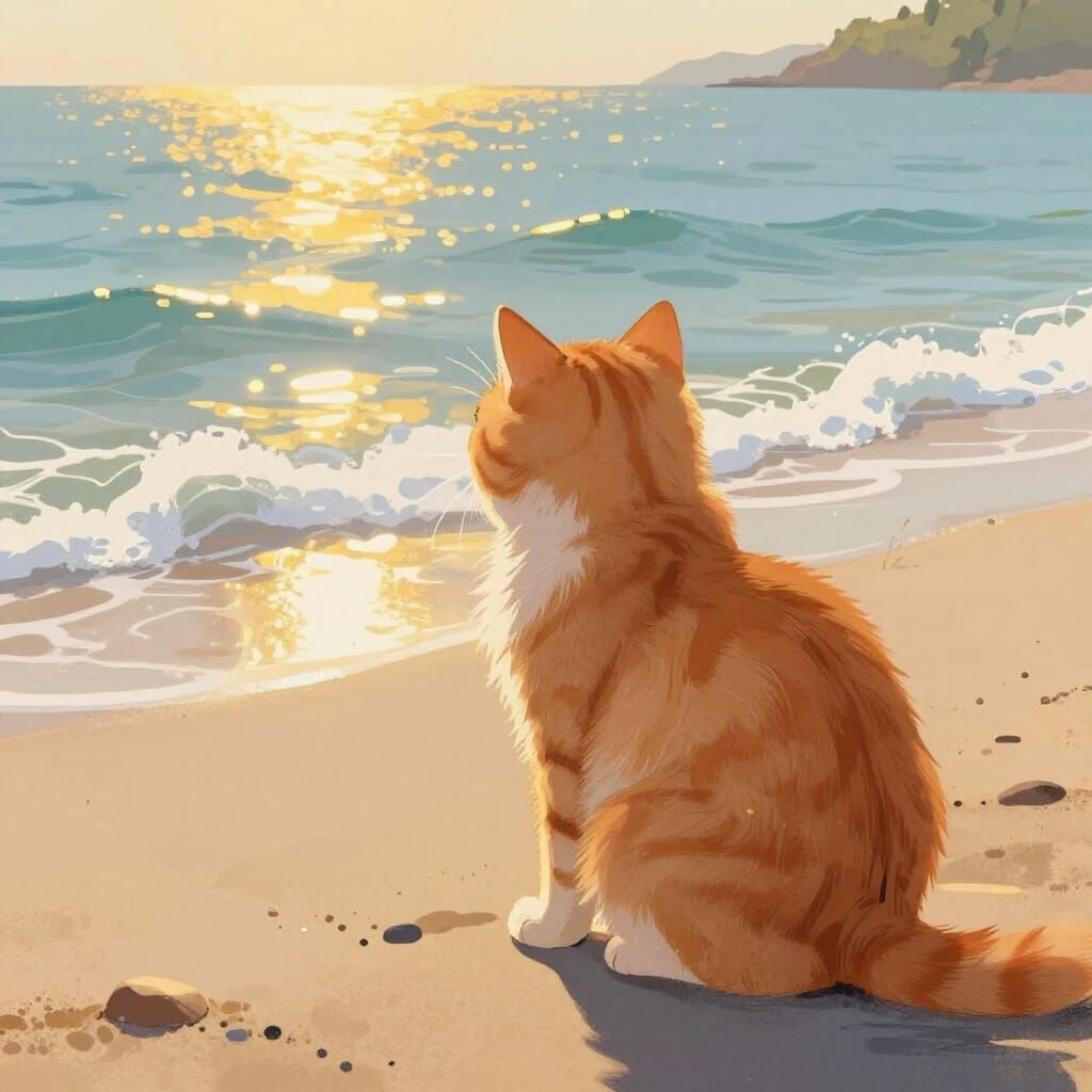 Ginger Cat on Seaside Beach at Golden Hour