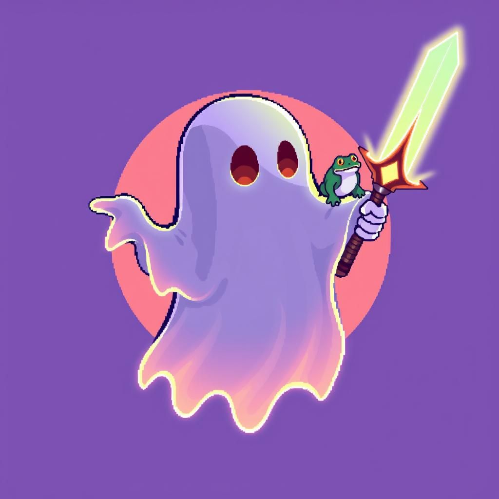 Pixel Art Ghost Warrior with Frog in Neon Aura