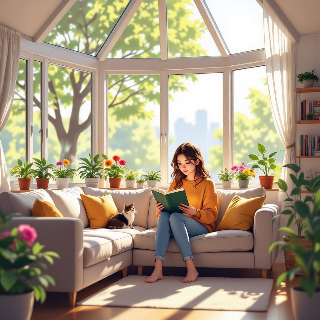 Anime Girl Reading in Sunlit Glasshouse Living Room