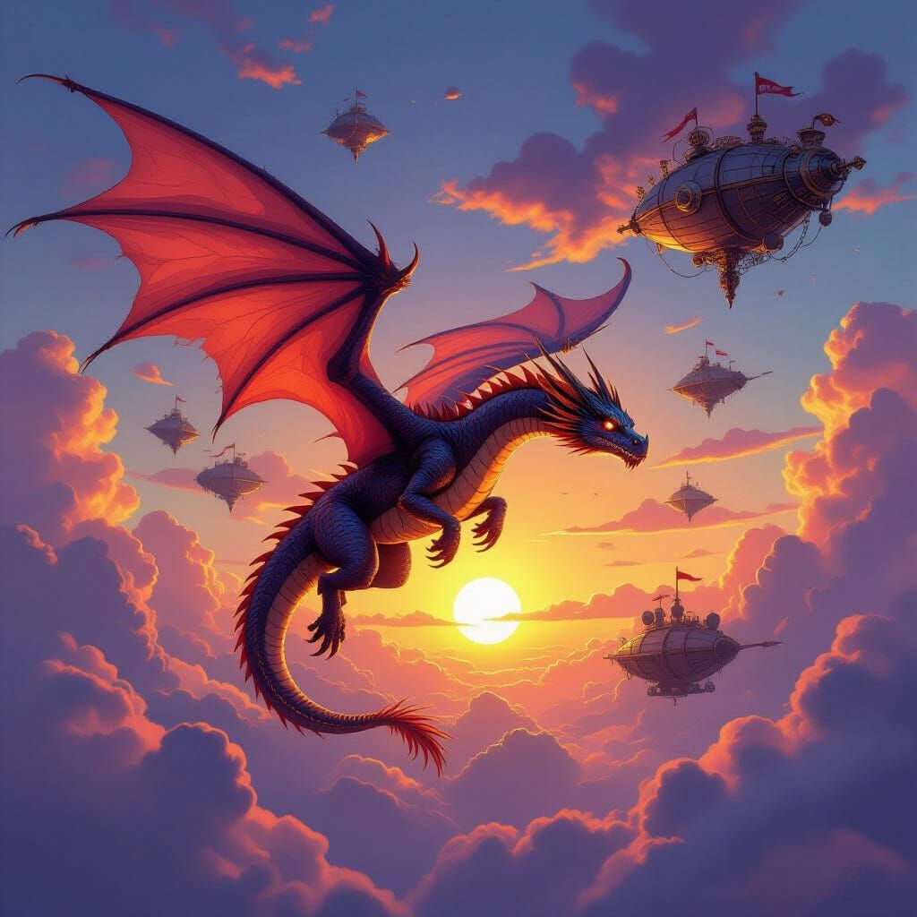 Majestic Dragon Amidst Steampunk Airships and Clockwork Skie...