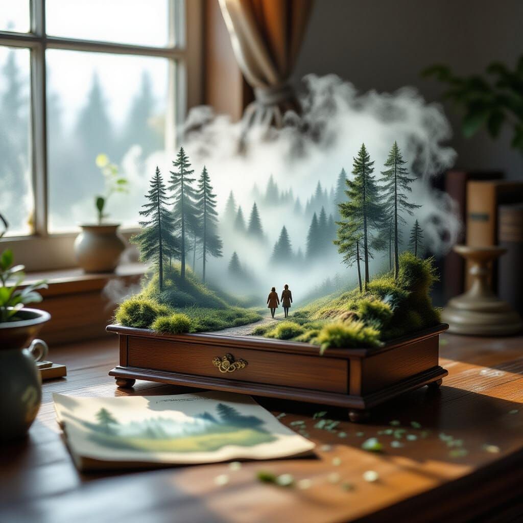 Miniature Foggy Forest Landscape Spilling from Fairy Tale
