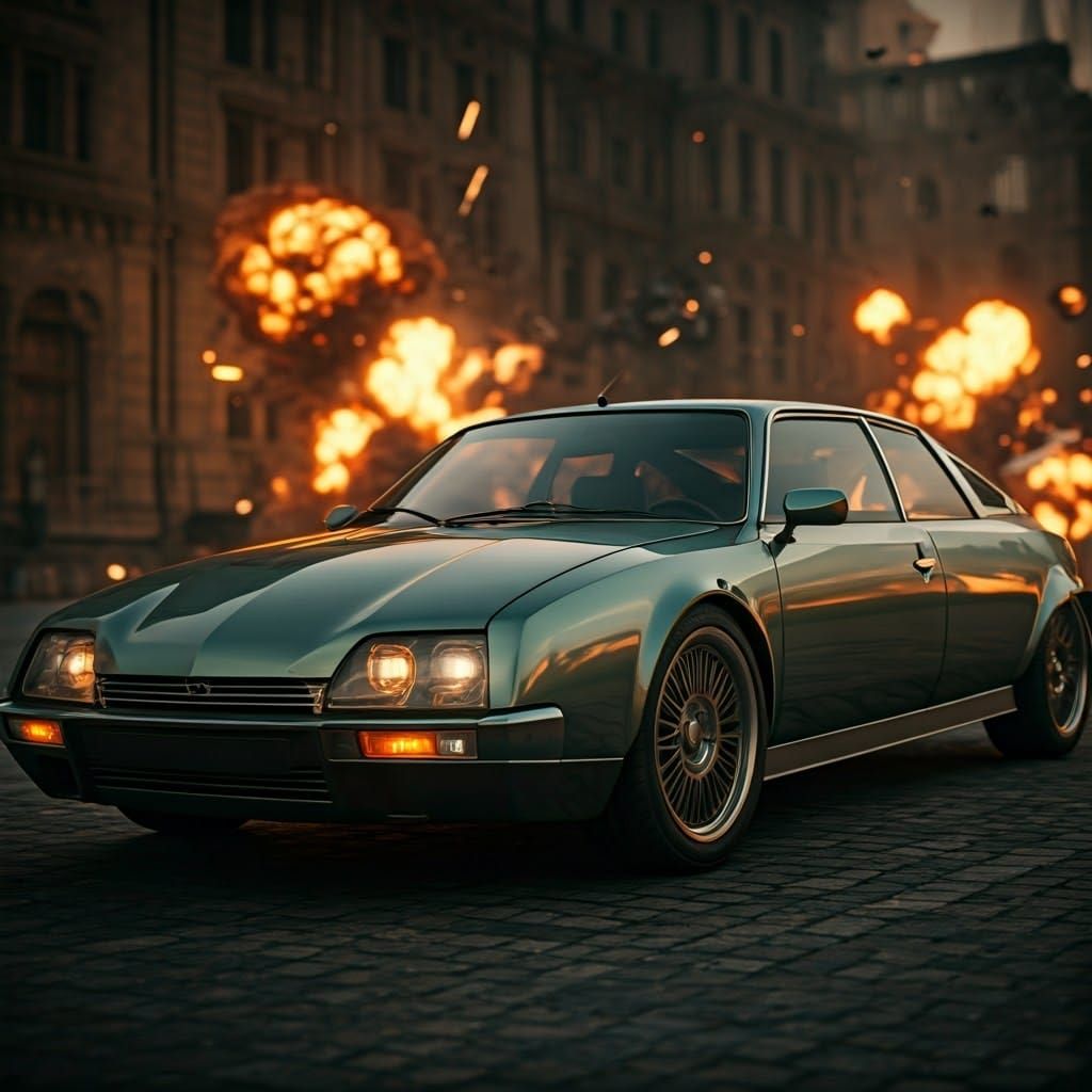 Epic Steampunk Cityscape with Exploding Citroën CX Coupé