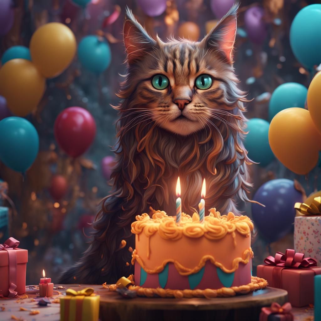 Fantastical Cat Birthday Celebration: Detailed Matte Paintin...