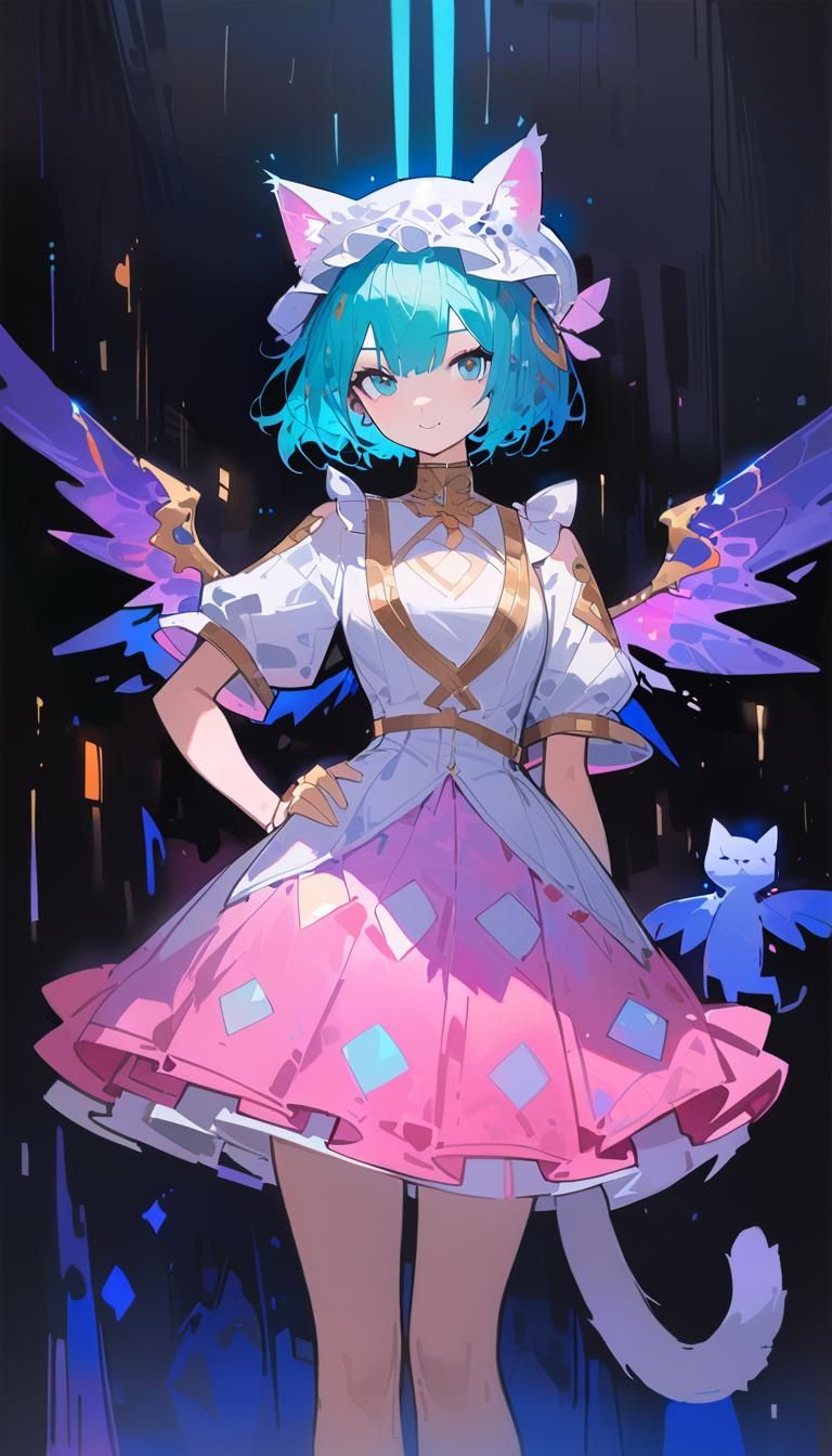 Neon Anime Girl with Cat Features in Watercolor