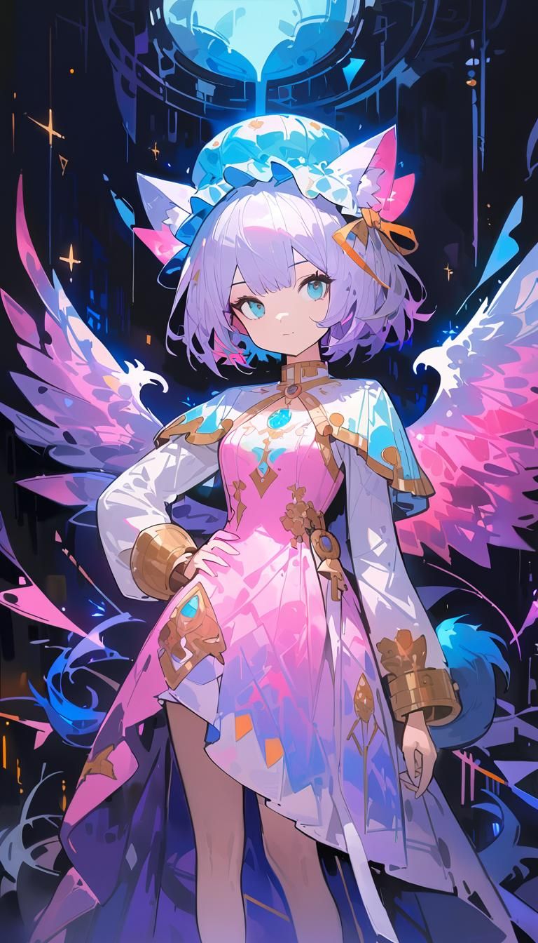 Neon Catgirl in Watercolor Style