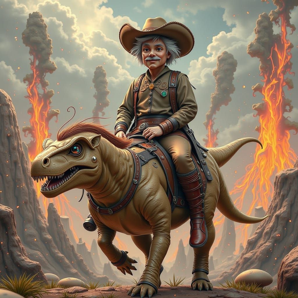 Einstein Rides a T. Rex in Volcanic Landscape