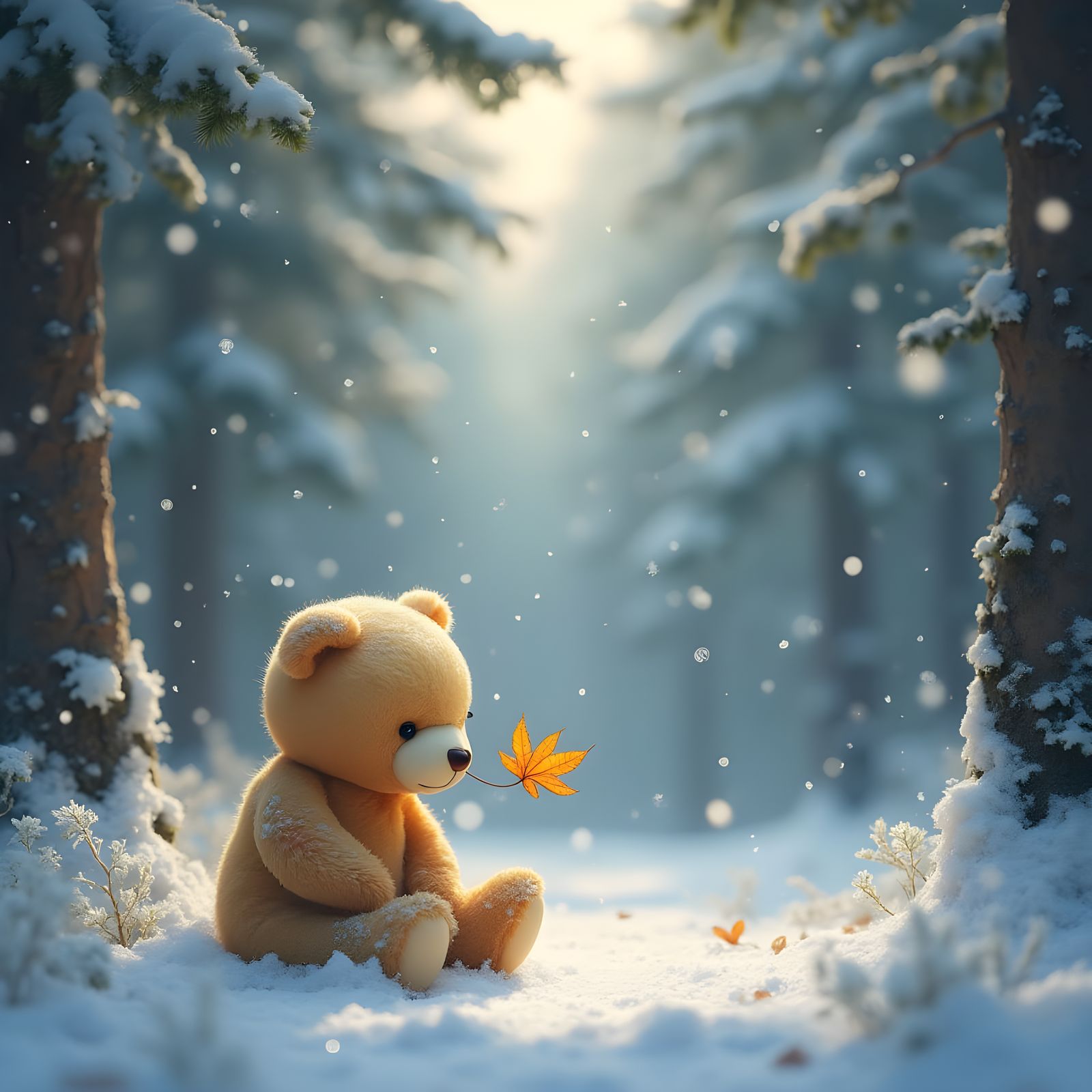 Serenely Contemplative Teddy Bear in Snowy Forest Clearing
