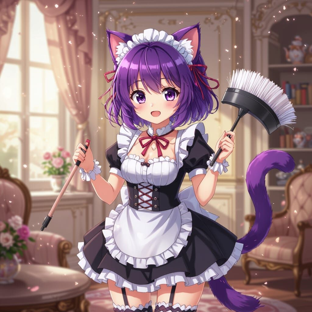 Adorable Anime Maid Girl with Purple Hair and Cat Ears
