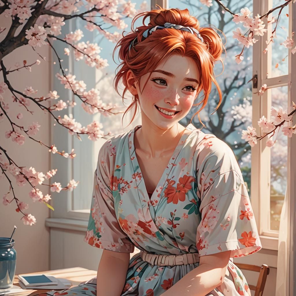 Anime Girl with Red Hair and Floral Dress