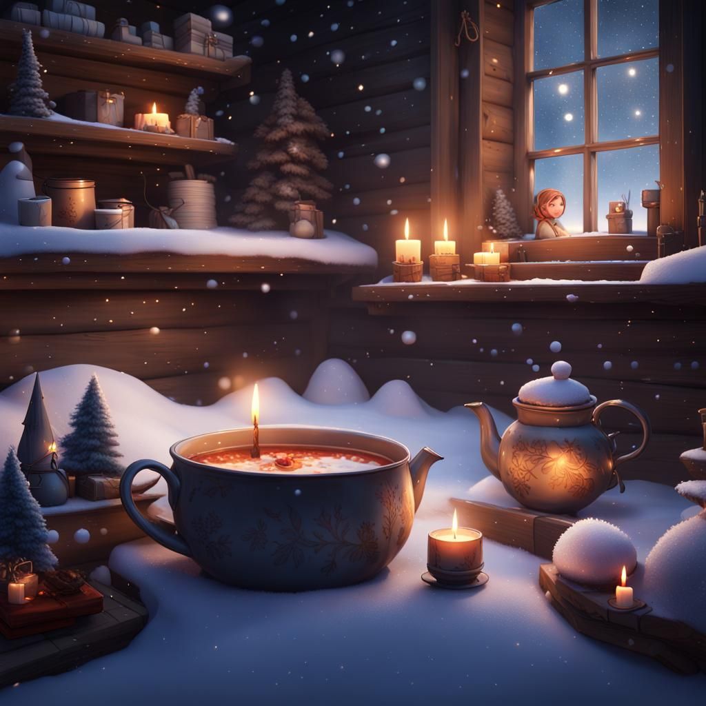 Cozy Winter Scene with Candles and Snowflakes