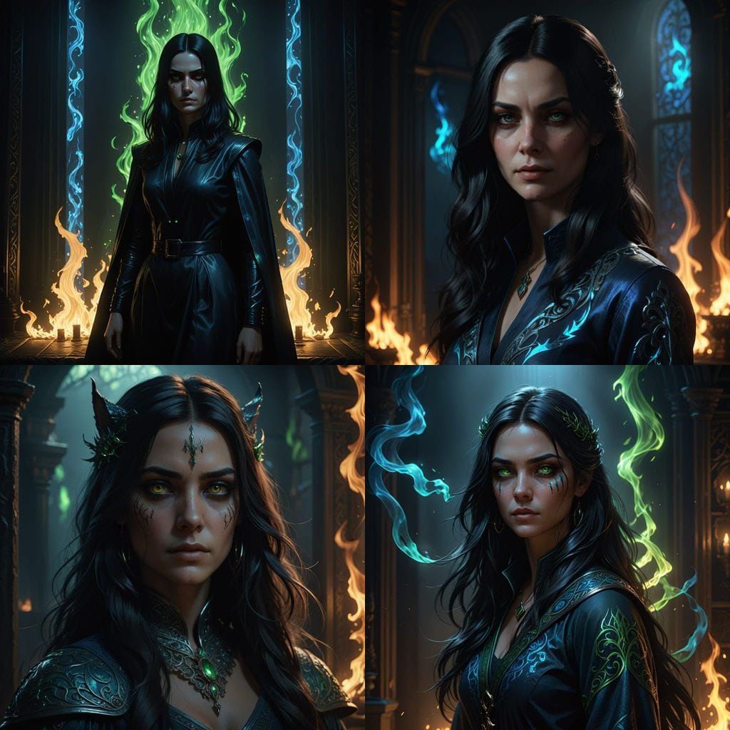 Ethereal Woman in Black Curtained Room with Blue Flames