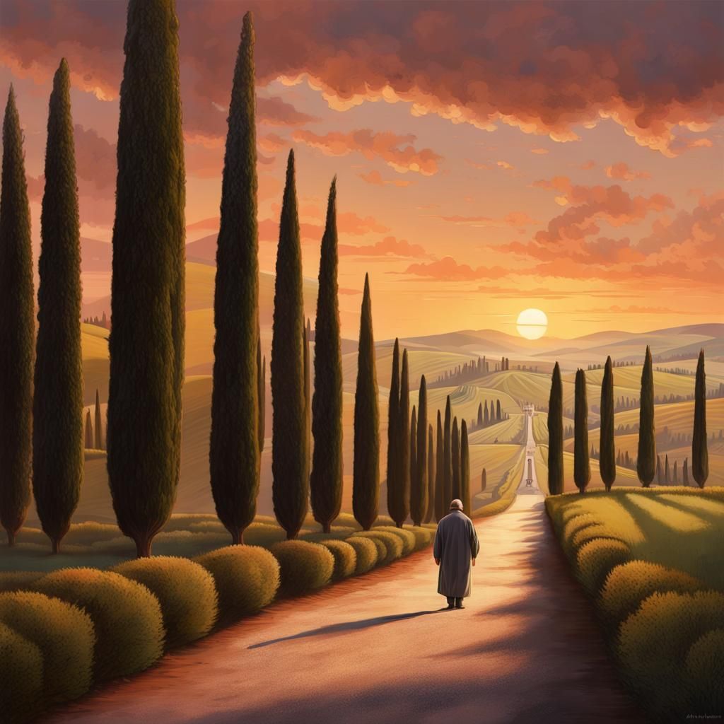 Hyperrealistic Tuscan Sunset Yoga with Cypress Avenue