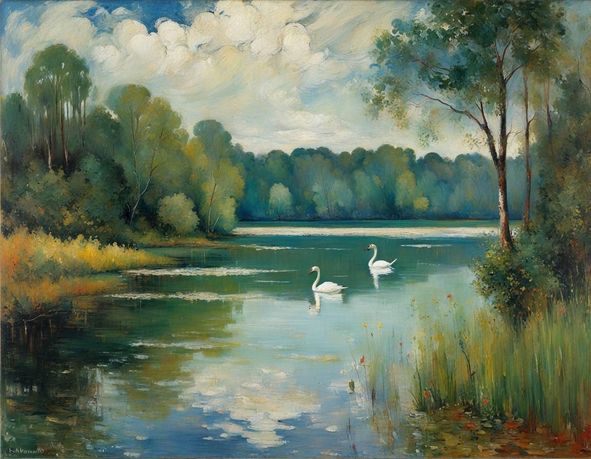 Serene Lake with Swan: Impressionist Painting