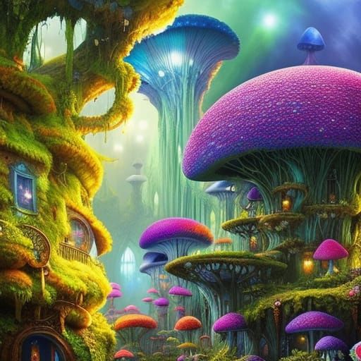 Luminescent Mushroom Mansion in Lush Jungle