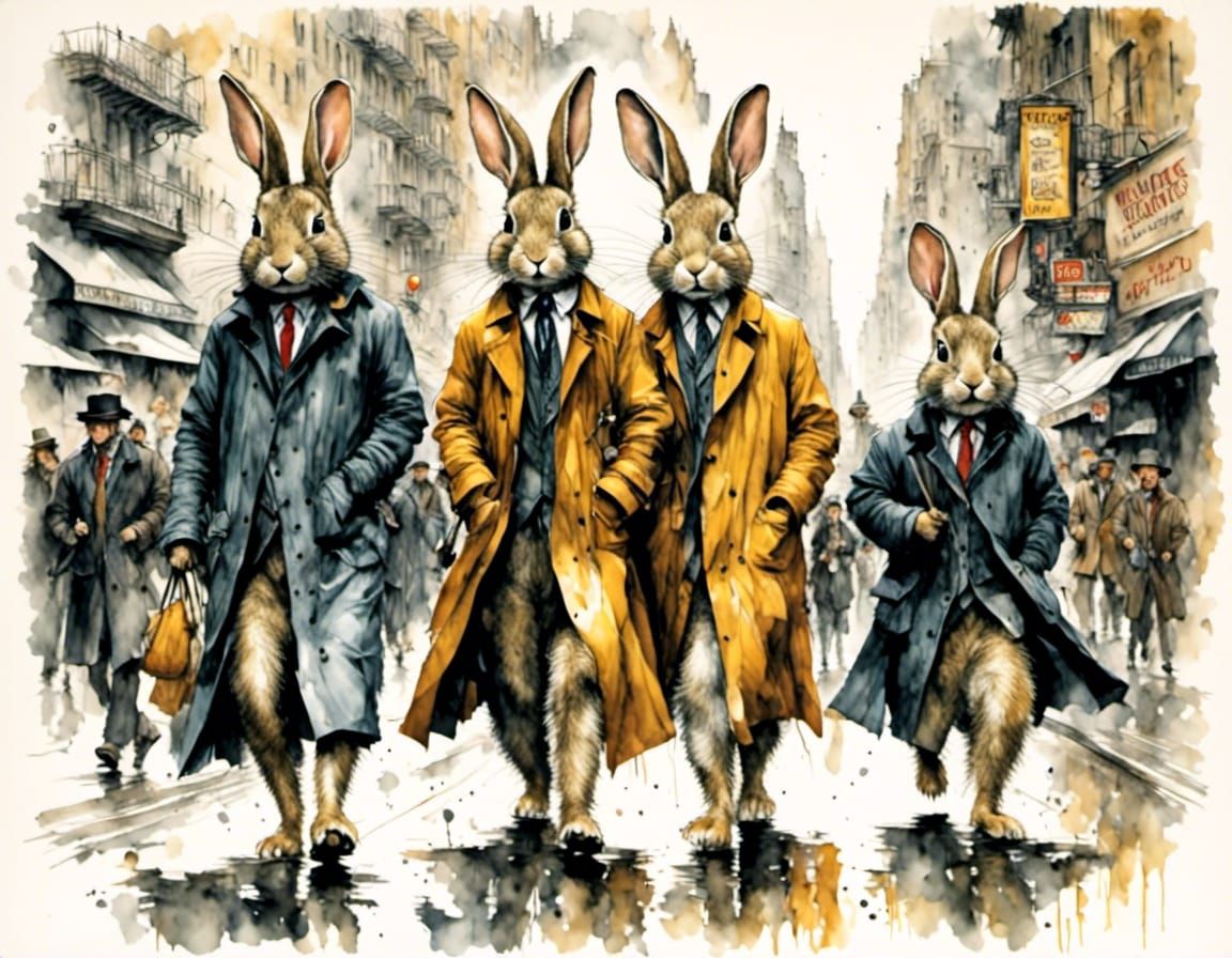 Rabbits as Detectives in Neo-Expressionist Style