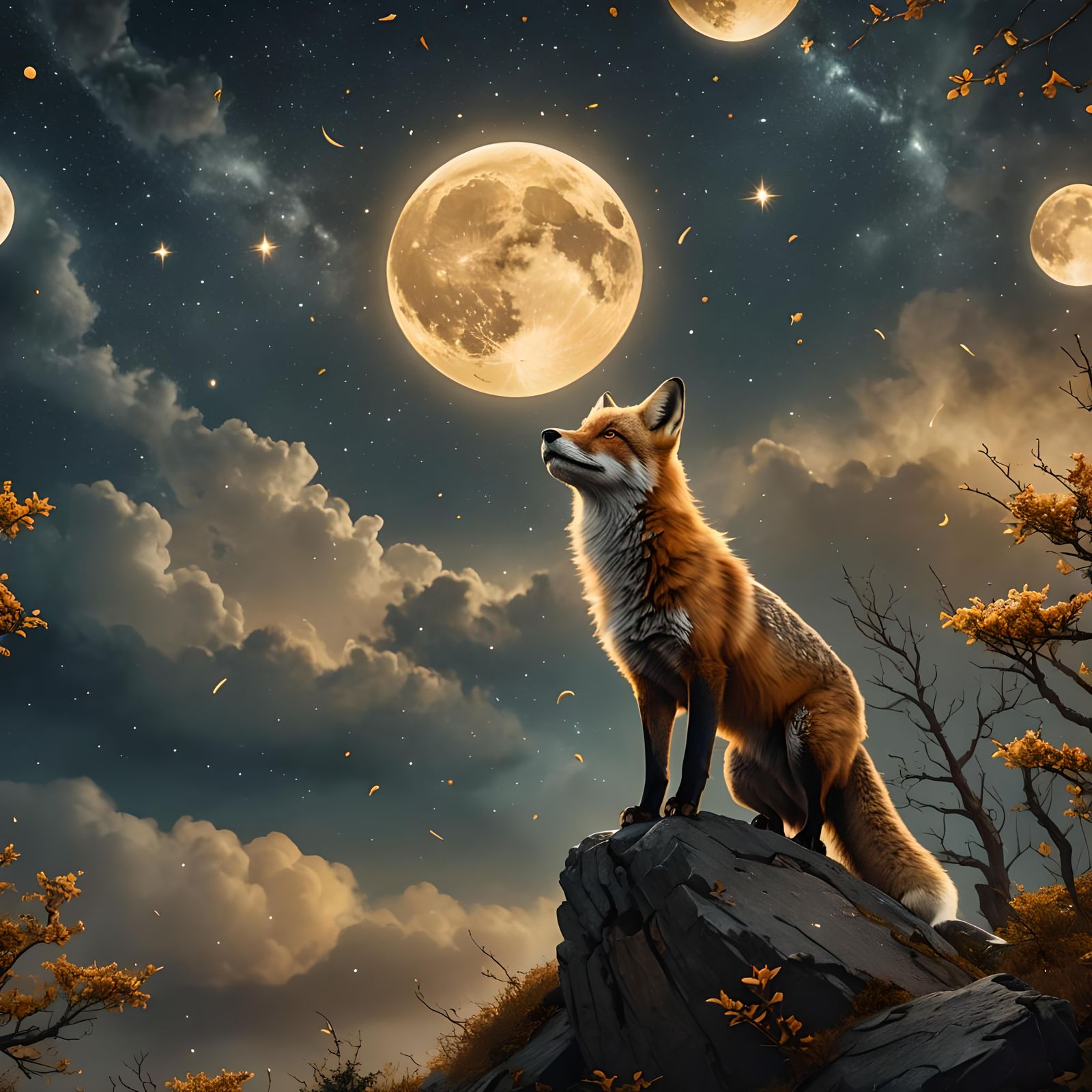 Fox Gazing at Golden Moon in Digital Painting