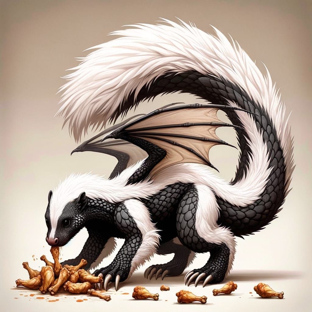 Skunk-Dragon-Hybrid creature eating chicken wings.