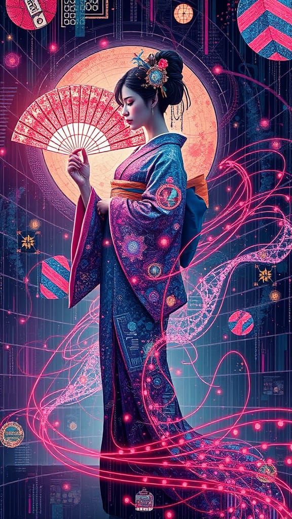 Cyberpunk Geisha in Data Stream Swirl