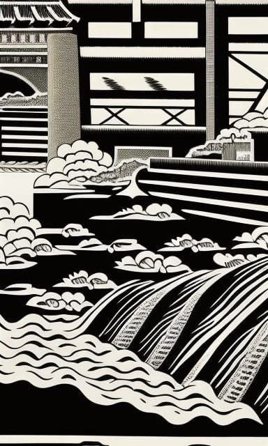 Hoover Dam Overflowing: African Mud Cloth Japanese Woodcut
