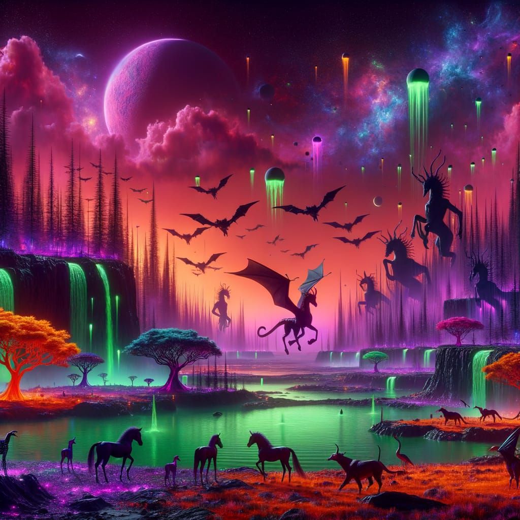 Eerie Purple Alien Planet with Green Waterfalls